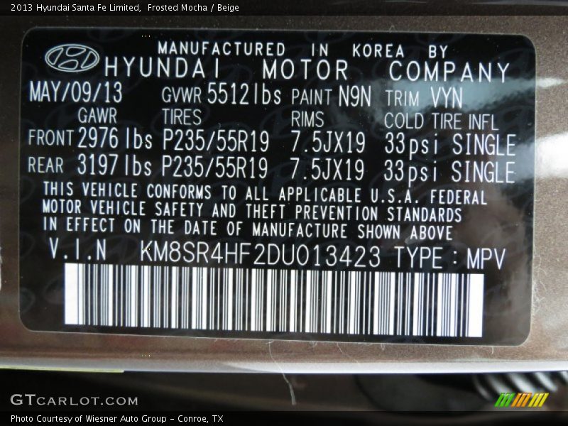 2013 Santa Fe Limited Frosted Mocha Color Code N9N