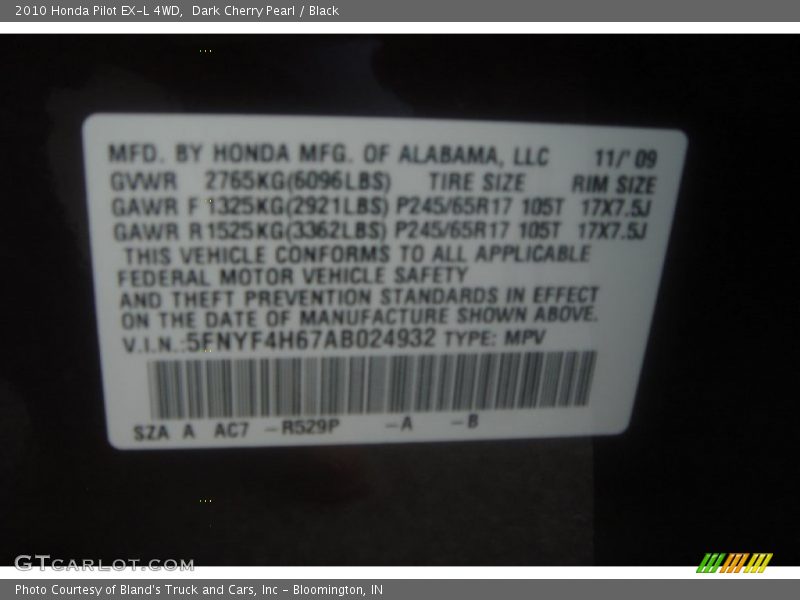 Dark Cherry Pearl / Black 2010 Honda Pilot EX-L 4WD
