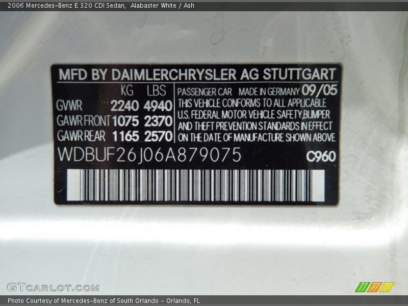 2006 E 320 CDI Sedan Alabaster White Color Code 960