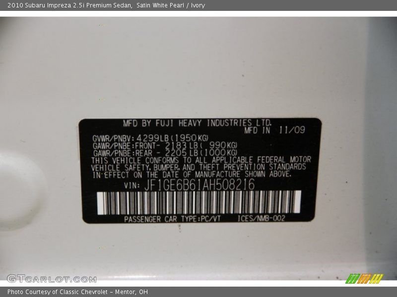 Satin White Pearl / Ivory 2010 Subaru Impreza 2.5i Premium Sedan
