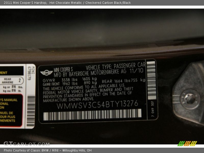 Hot Chocolate Metallic / Checkered Carbon Black/Black 2011 Mini Cooper S Hardtop