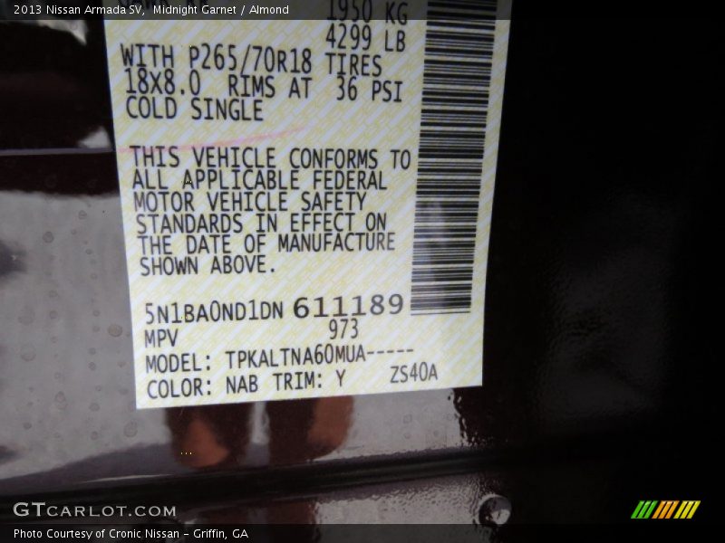 2013 Armada SV Midnight Garnet Color Code NAB