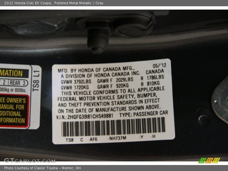 Polished Metal Metallic / Gray 2012 Honda Civic EX Coupe