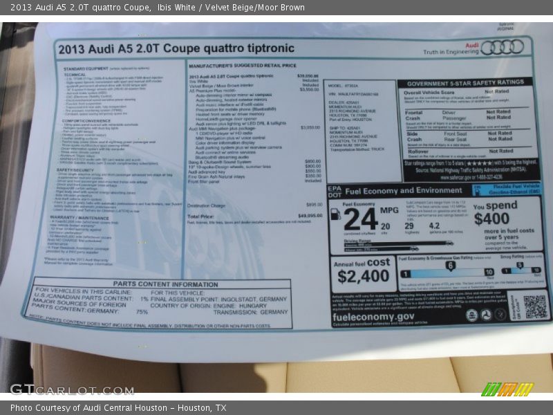  2013 A5 2.0T quattro Coupe Window Sticker