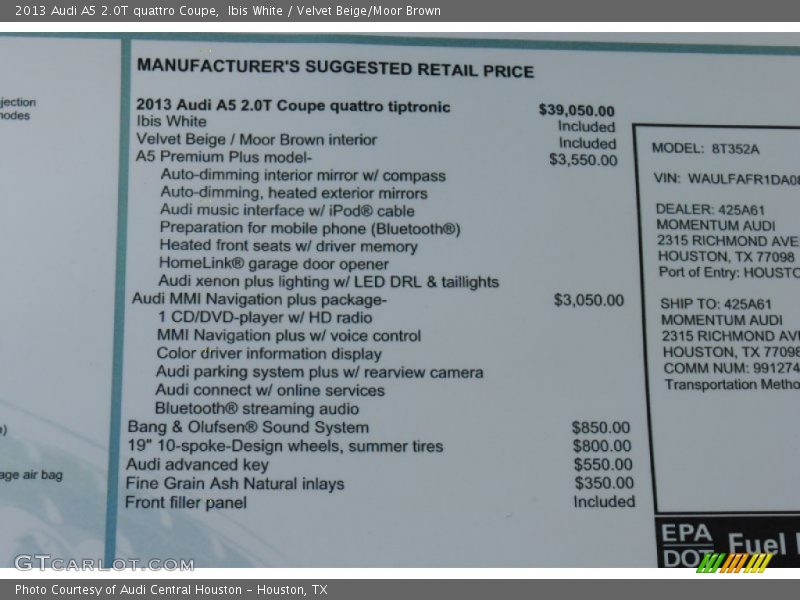  2013 A5 2.0T quattro Coupe Window Sticker