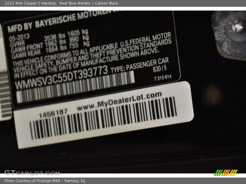 Reef Blue Metallic / Carbon Black 2013 Mini Cooper S Hardtop