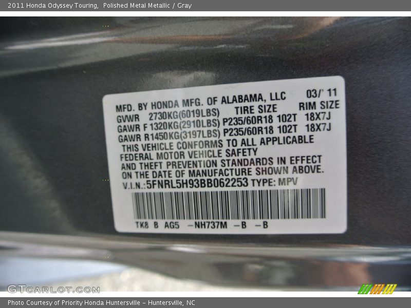 Polished Metal Metallic / Gray 2011 Honda Odyssey Touring