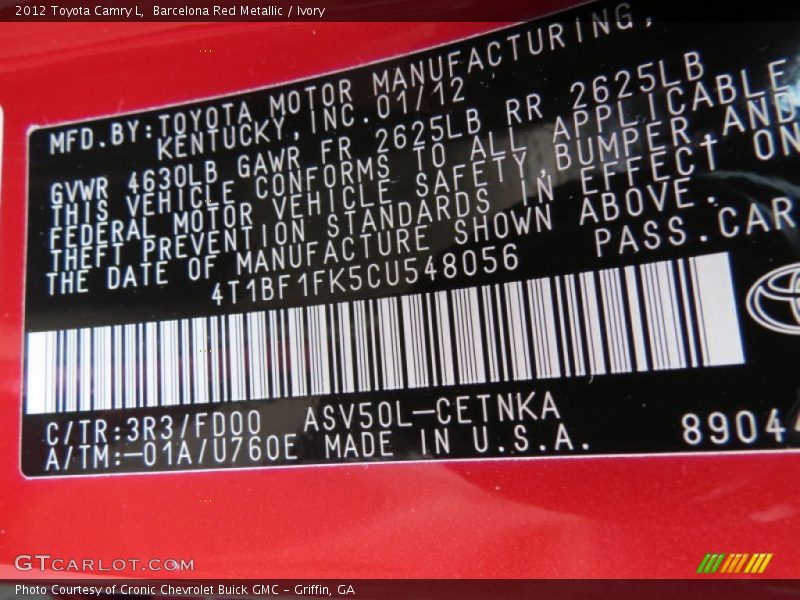 Barcelona Red Metallic / Ivory 2012 Toyota Camry L