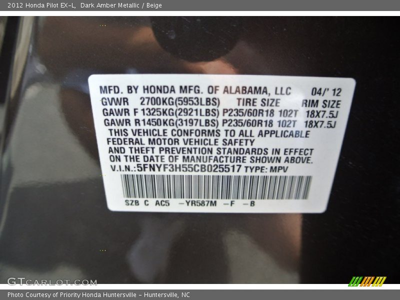 Dark Amber Metallic / Beige 2012 Honda Pilot EX-L