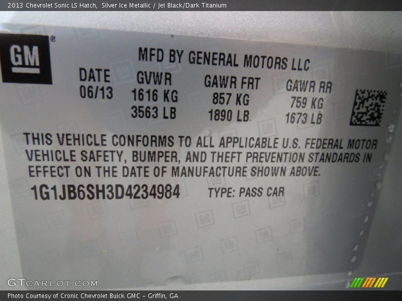 Info Tag of 2013 Sonic LS Hatch
