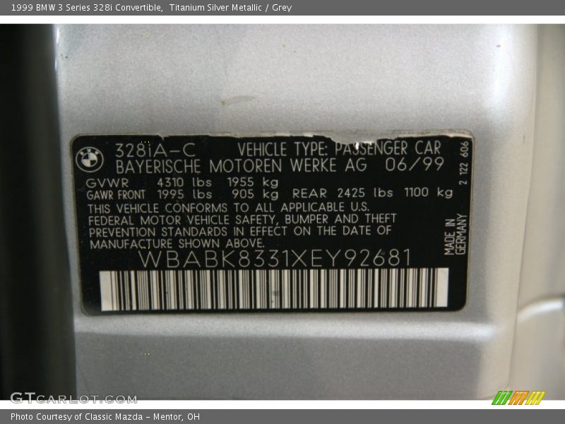 Info Tag of 1999 3 Series 328i Convertible