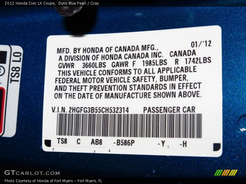 Dyno Blue Pearl / Gray 2012 Honda Civic LX Coupe