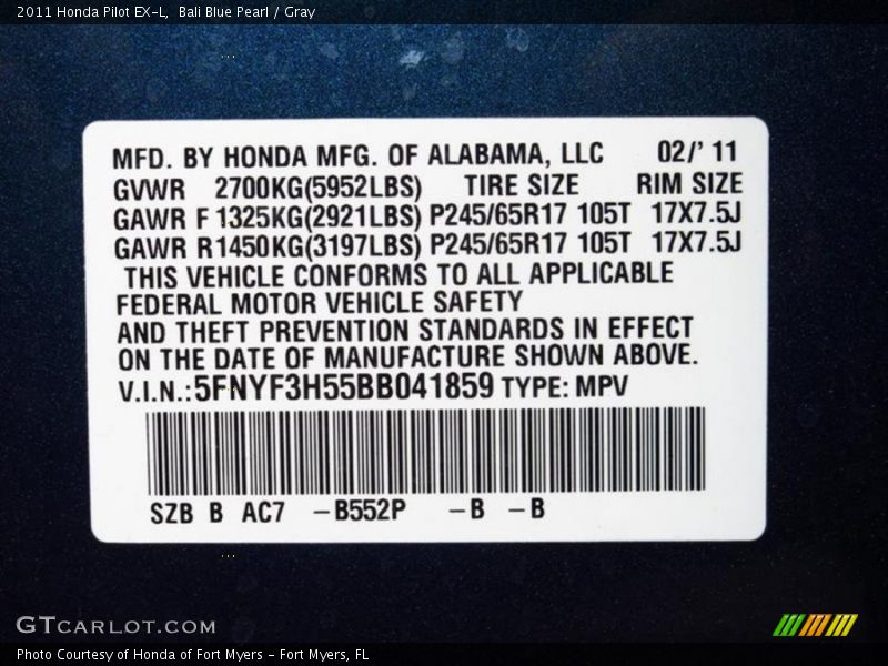 Bali Blue Pearl / Gray 2011 Honda Pilot EX-L