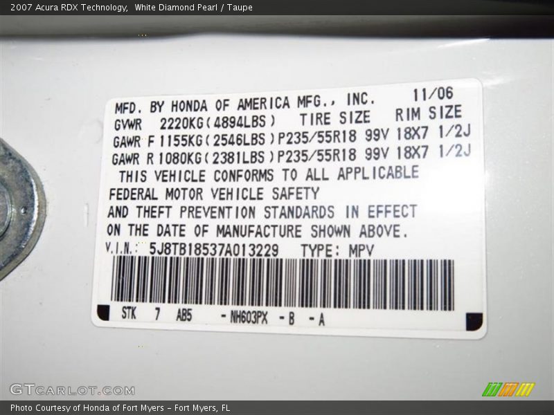 White Diamond Pearl / Taupe 2007 Acura RDX Technology