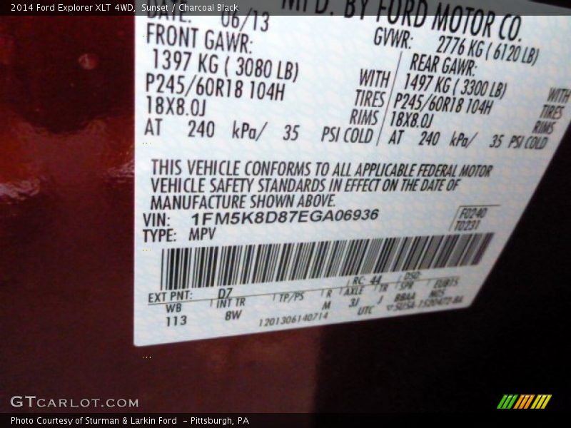 2014 Explorer XLT 4WD Sunset Color Code D7