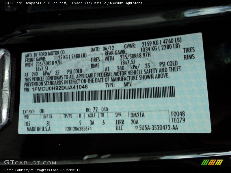 2013 Escape SEL 2.0L EcoBoost Tuxedo Black Metallic Color Code UH