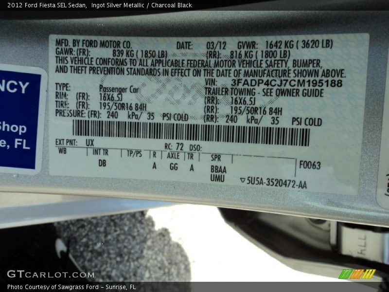 2012 Fiesta SEL Sedan Ingot Silver Metallic Color Code UX