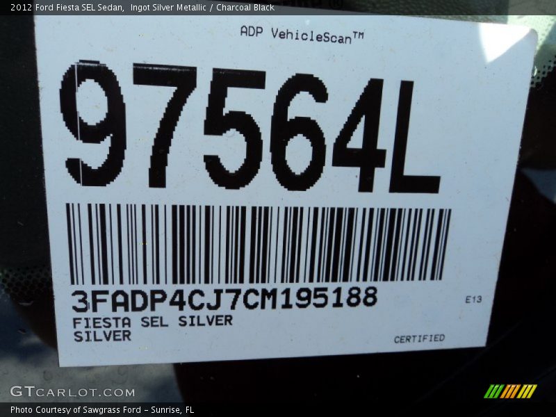 Ingot Silver Metallic / Charcoal Black 2012 Ford Fiesta SEL Sedan