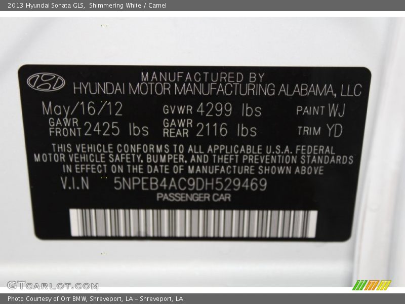 Shimmering White / Camel 2013 Hyundai Sonata GLS