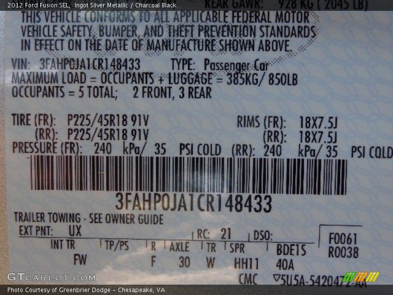 Ingot Silver Metallic / Charcoal Black 2012 Ford Fusion SEL