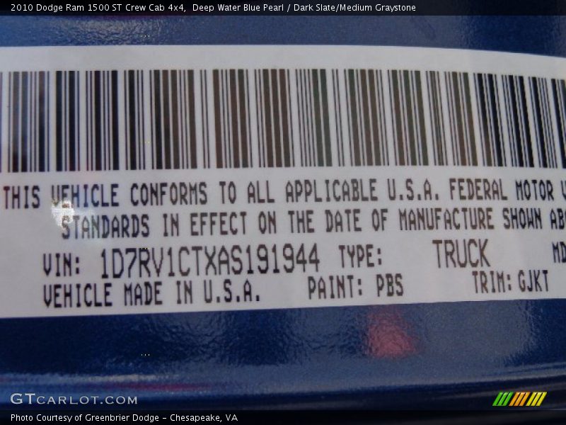 Deep Water Blue Pearl / Dark Slate/Medium Graystone 2010 Dodge Ram 1500 ST Crew Cab 4x4