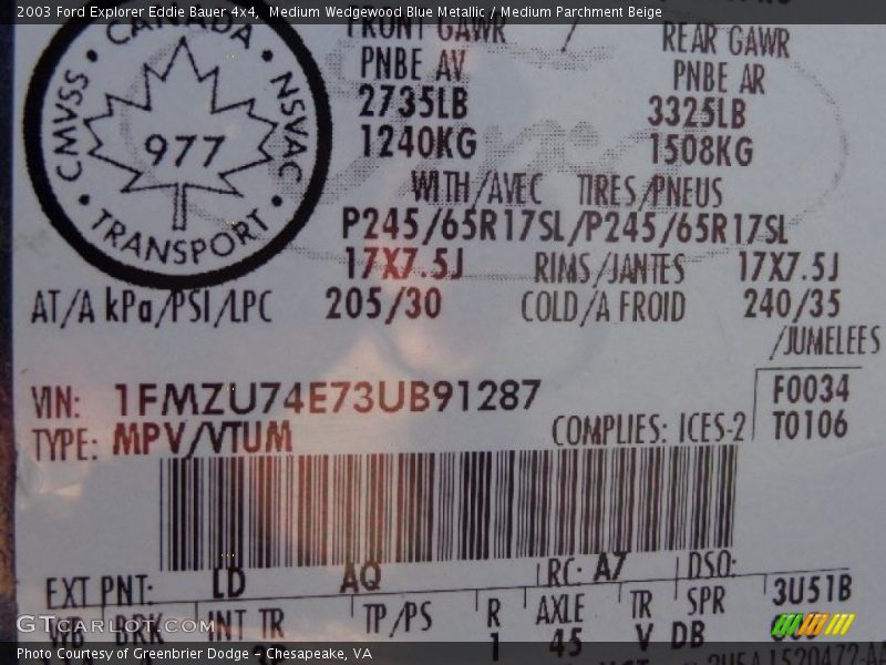 Medium Wedgewood Blue Metallic / Medium Parchment Beige 2003 Ford Explorer Eddie Bauer 4x4