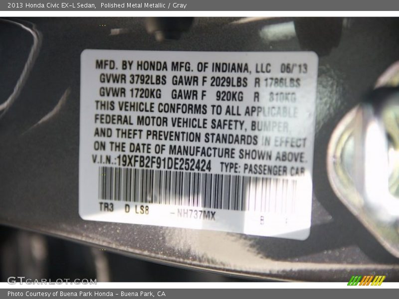 Polished Metal Metallic / Gray 2013 Honda Civic EX-L Sedan