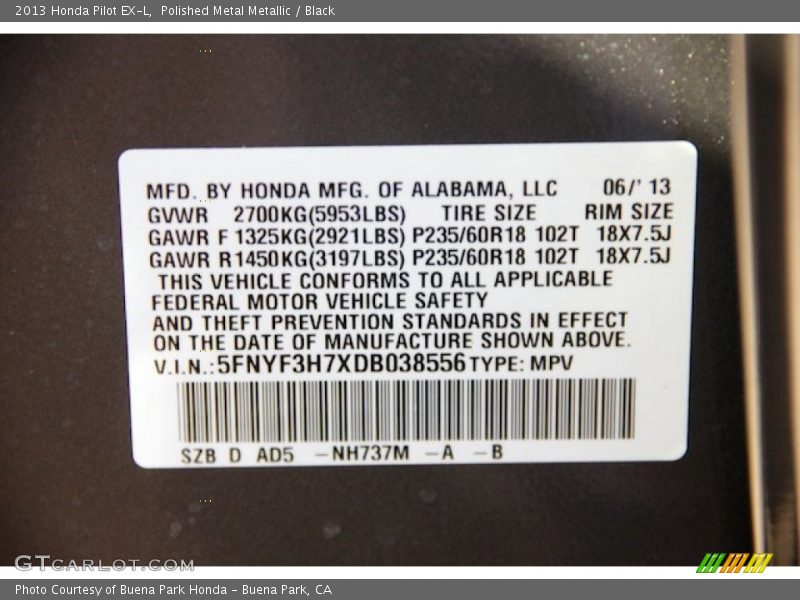 Polished Metal Metallic / Black 2013 Honda Pilot EX-L