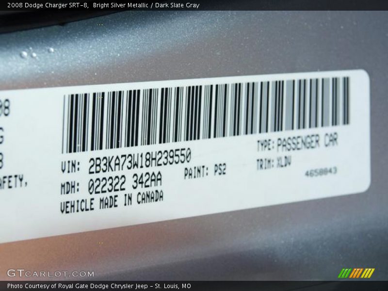 Bright Silver Metallic / Dark Slate Gray 2008 Dodge Charger SRT-8