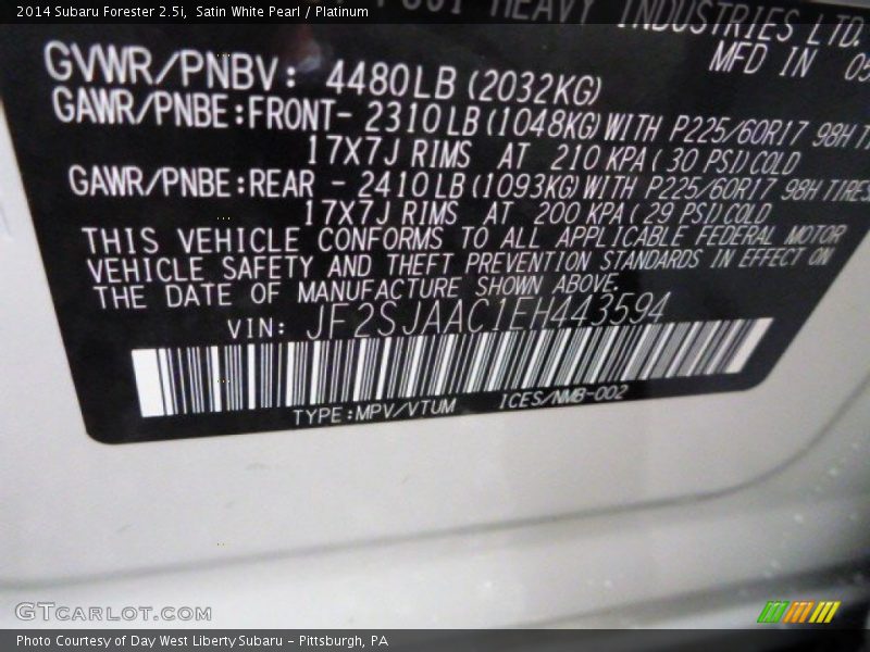 Satin White Pearl / Platinum 2014 Subaru Forester 2.5i