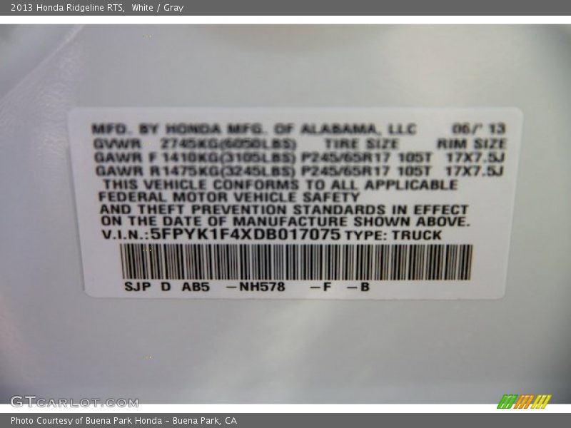 2013 Ridgeline RTS White Color Code NH578