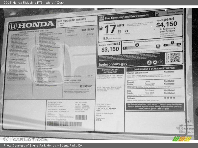  2013 Ridgeline RTS Window Sticker