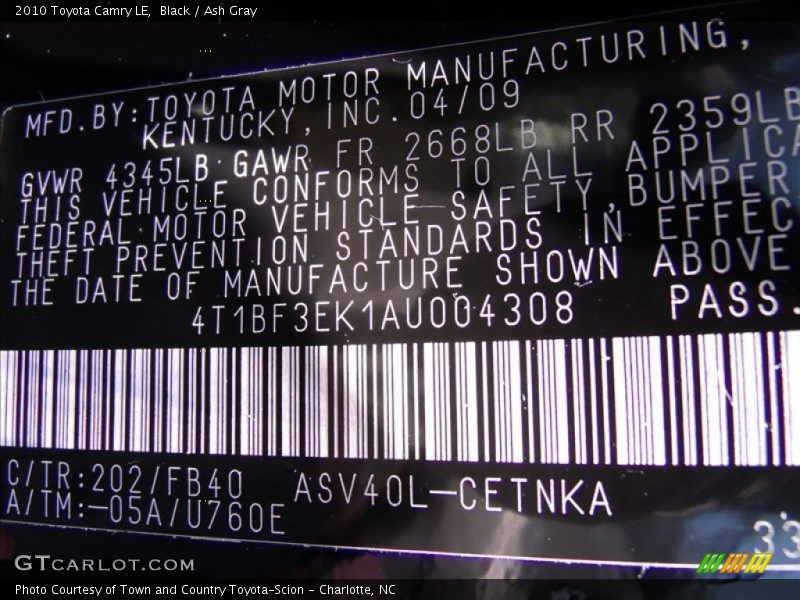 Black / Ash Gray 2010 Toyota Camry LE