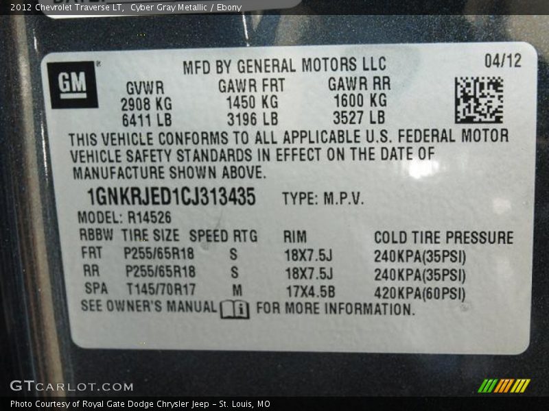 Cyber Gray Metallic / Ebony 2012 Chevrolet Traverse LT