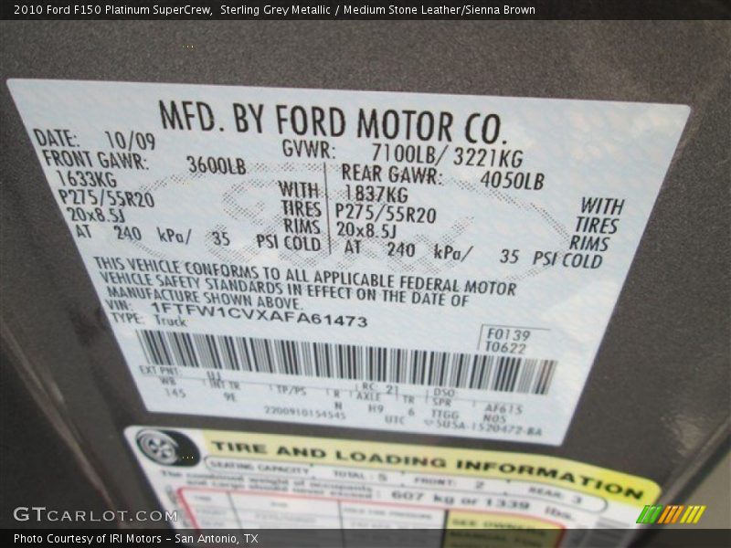 Sterling Grey Metallic / Medium Stone Leather/Sienna Brown 2010 Ford F150 Platinum SuperCrew