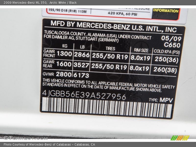 Arctic White / Black 2009 Mercedes-Benz ML 350