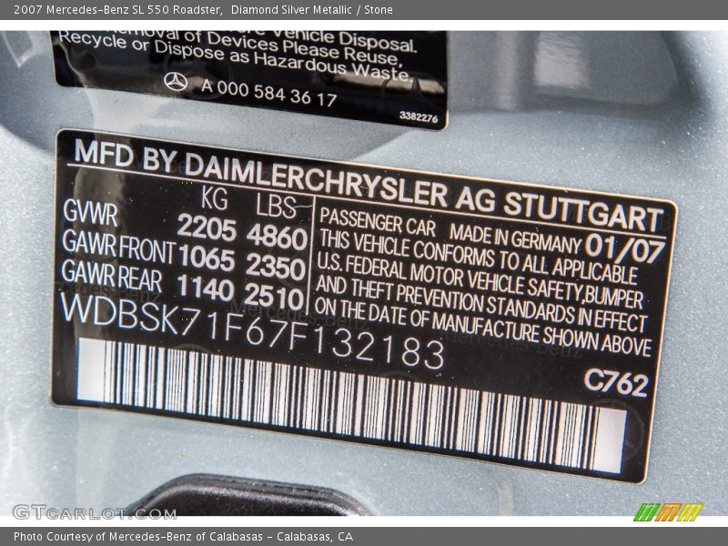 2007 SL 550 Roadster Diamond Silver Metallic Color Code 762