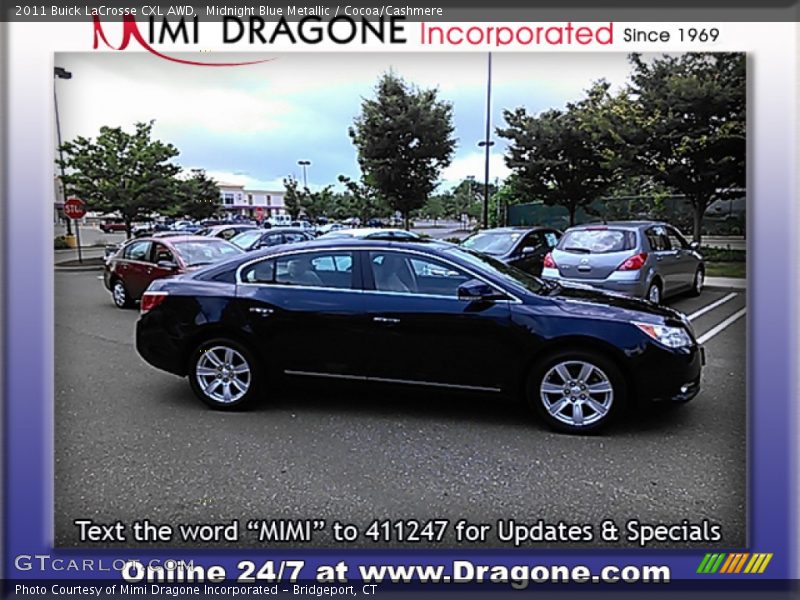 Midnight Blue Metallic / Cocoa/Cashmere 2011 Buick LaCrosse CXL AWD