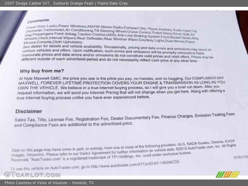Sunburst Orange Pearl / Pastel Slate Gray 2007 Dodge Caliber SXT