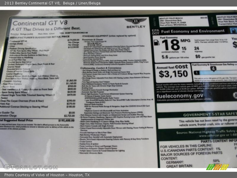  2013 Continental GT V8  Window Sticker