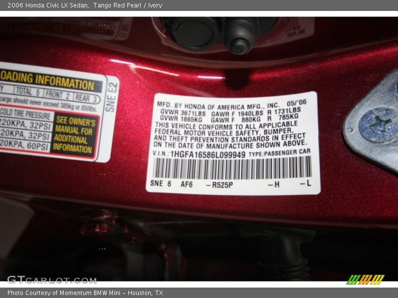 Tango Red Pearl / Ivory 2006 Honda Civic LX Sedan