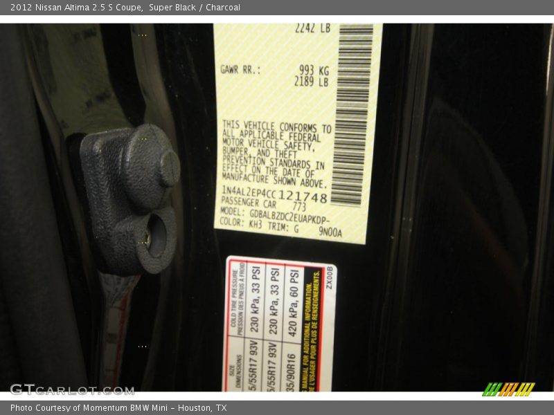 Super Black / Charcoal 2012 Nissan Altima 2.5 S Coupe