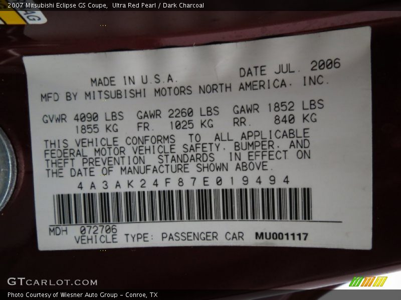 Info Tag of 2007 Eclipse GS Coupe
