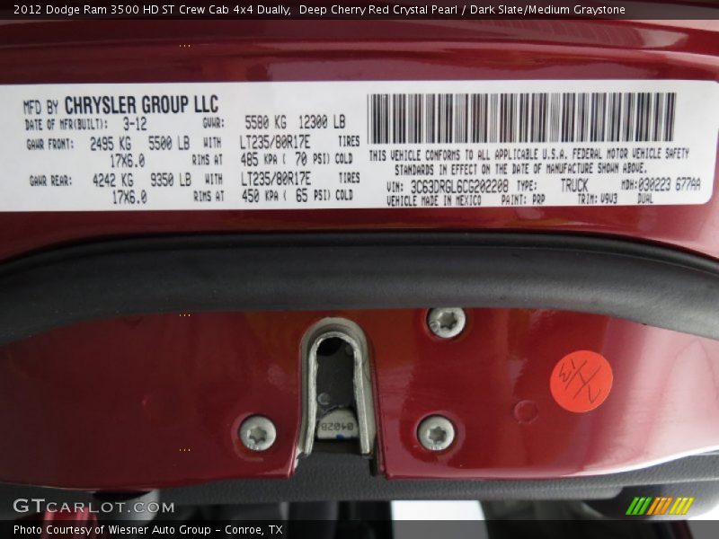 Deep Cherry Red Crystal Pearl / Dark Slate/Medium Graystone 2012 Dodge Ram 3500 HD ST Crew Cab 4x4 Dually