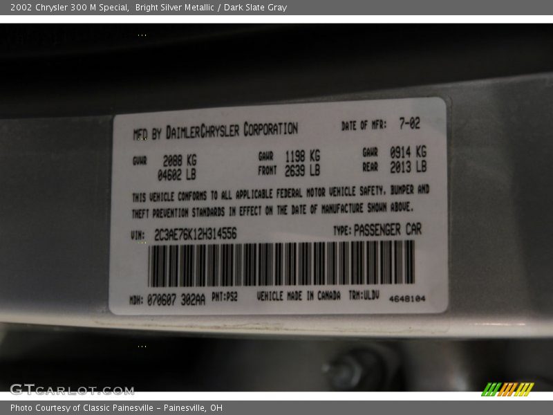 2002 300 M Special Bright Silver Metallic Color Code PS2
