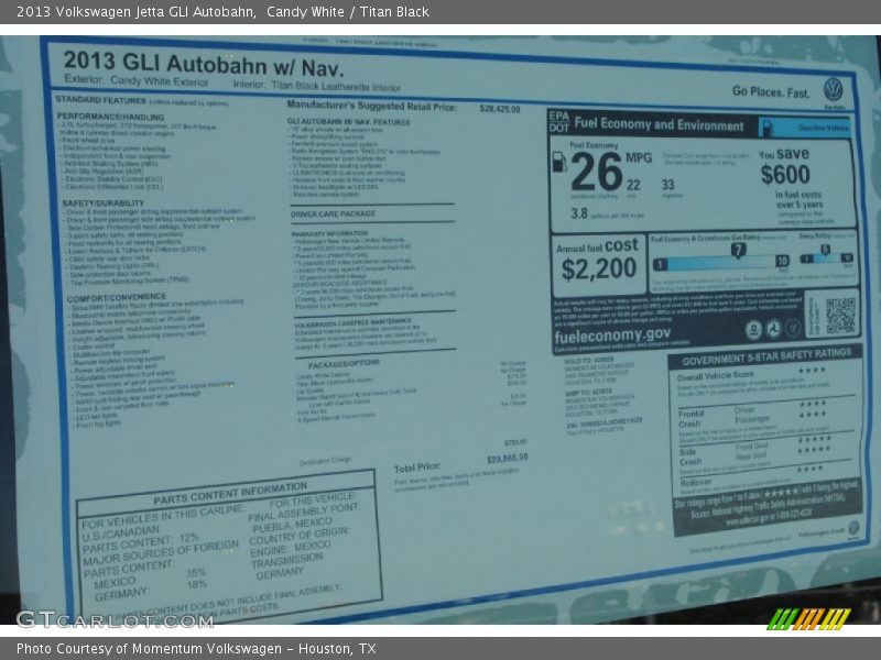  2013 Jetta GLI Autobahn Window Sticker