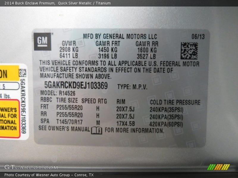 Info Tag of 2014 Enclave Premium
