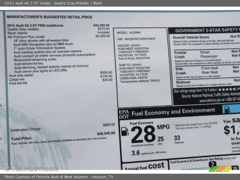  2013 A6 2.0T Sedan Window Sticker