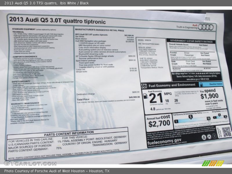  2013 Q5 3.0 TFSI quattro Window Sticker