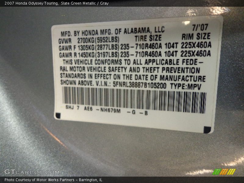 Slate Green Metallic / Gray 2007 Honda Odyssey Touring
